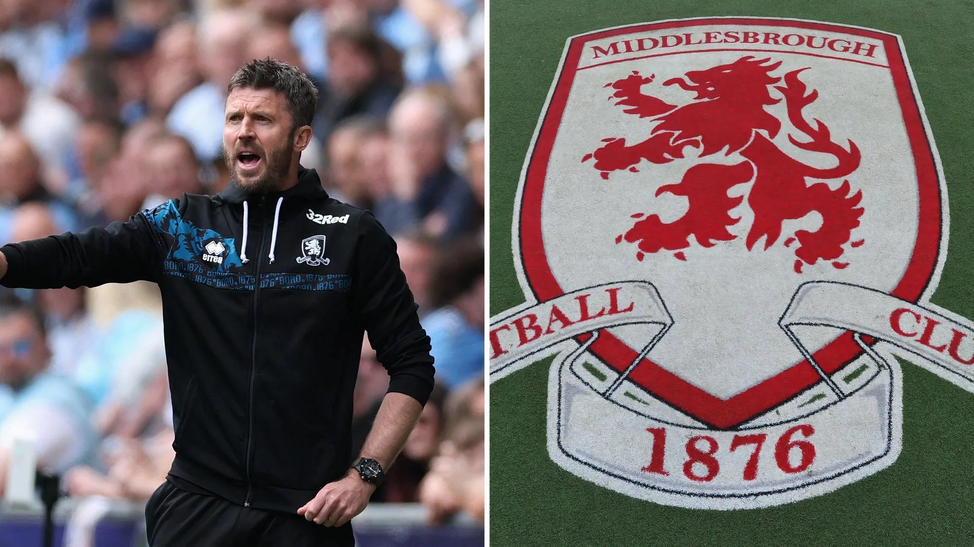 HLV Michael Carrick và logo Middlesbrough, đại diện cho những quyết định quan trọng mà CLB phải đối mặt.